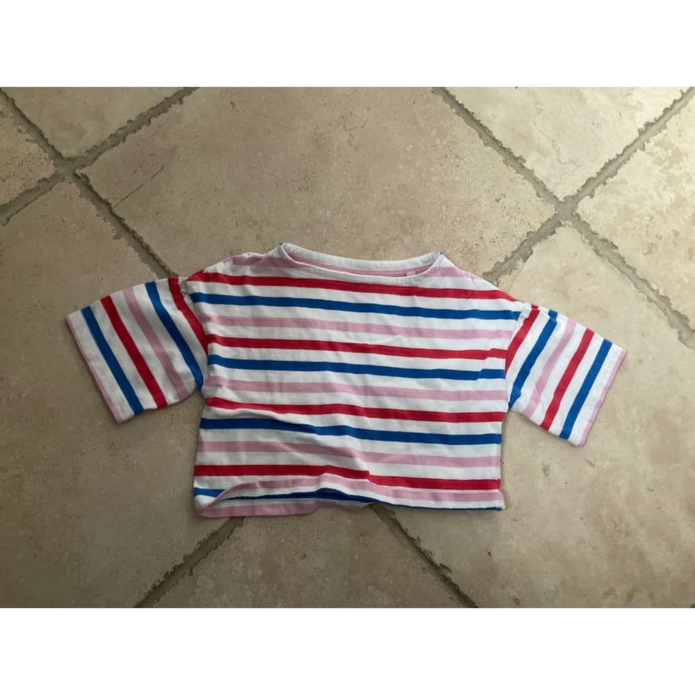 Mini‎ Boden Girls 2-3Y Striped Cotton Cropped T-Shirt Red Blue Pink Oversized